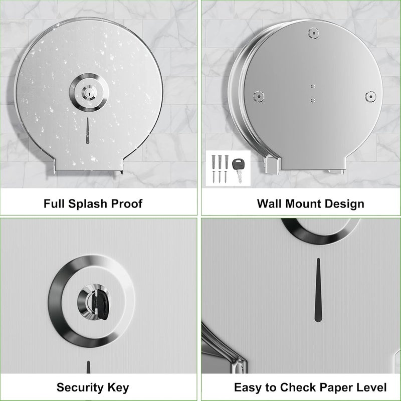 TOBEFORT Commercial Jumbo Toilet Paper Dispenser, Brushed Stainless Steel Toilet Paper Holder Wall Mount, 9 Inch Bathroom Tissue Roll Dispenser with Lock Key - Image 3